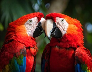 Close-up of two scarlet macaws
