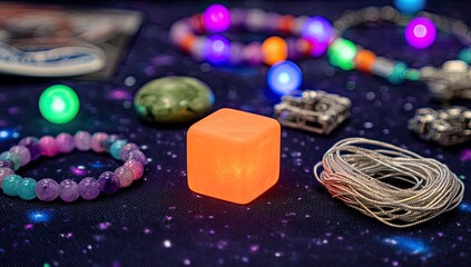Orange cube, glowing, jewelry, crystals