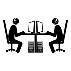 Set of stick figures, computer club and call center isolated on white background, flat vector illustration.