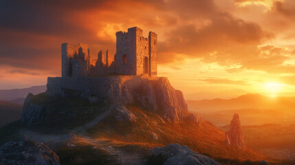 Fototapeta premium A ruined castle atop a hill at sunset.