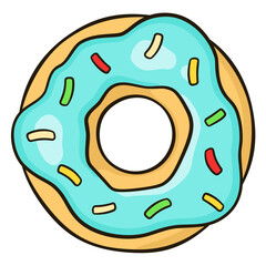 Donut with Blue Icing and Colorful Sprinkles. Cartoon Style illustration