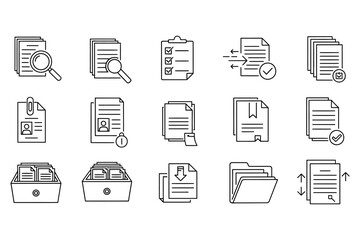 Collection of black outline icons for document management and organization paper file