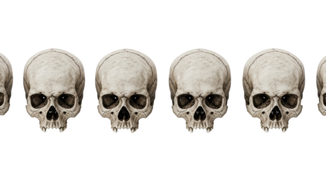 Six weathered human skulls with intricate bone textures and natural discoloration, precisely arranged horizontally on a pristine transparent plain with no shadows under diffused studio light,