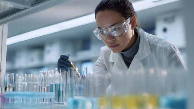 A female scientist, caucasian in a lab coat and safety goggles, analyzing water samples in a mobile ocean lab. Minimalist interior with glass vials, digital instruments, and soft lighting