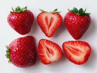 Six ripe strawberries, three whole and three halved, arranged on a white background in a grid pattern, showcasing their vibrant red color and juicy texture