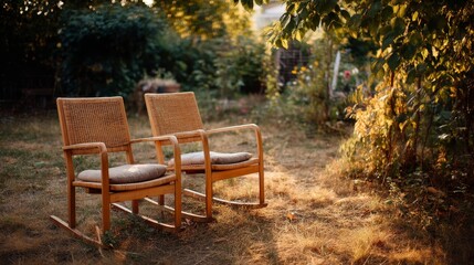 Obraz premium Charming pair of wooden rocking chairs on garden porch bathed in warm dappled sunlight, surrounded by lush greenery evoking comfort and longevity