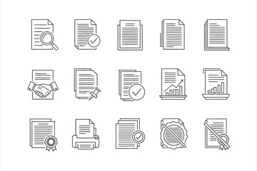 Collection of document icons including search handshake printer and charts paper