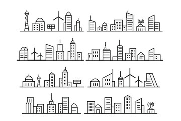 Fototapeta premium Stylized skyline illustration showcasing urban architecture with varied buildings, wind turbines, and communication towers