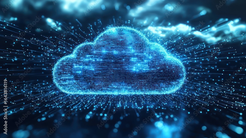Wall mural a digital cloud icon with a blue and white color scheme, surrounded by a network of lines and dots, 