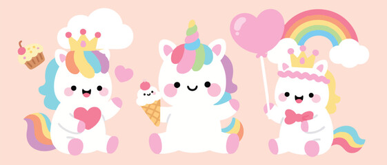 Adorable Kawaii Unicorns with Sweets and Rainbow