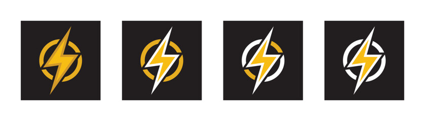 Collection of lightning bolt logo icons in different versions on a black and white background. Vector illustration