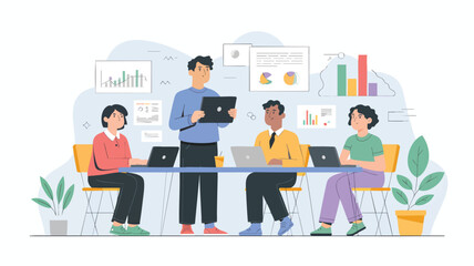 Flat Vector Illustration of Team Collaboration Scene on White Background