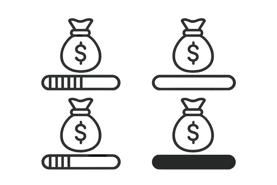 Progress bars displaying money bag icons to indicate financial growth and savings over time