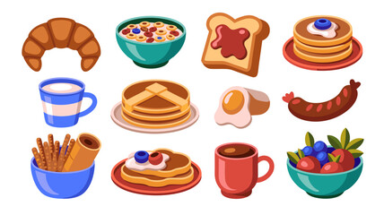 Assortment of breakfast foods including pancakes, cereal and croissant