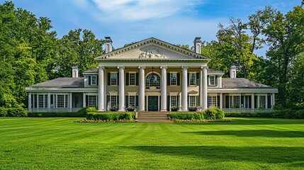 A grand, historic mansion with columns and a symmetrical facade, surrounded by lush greenery and a clear blue sky.