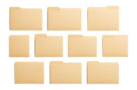Manila file folders with tabs in assorted positions.