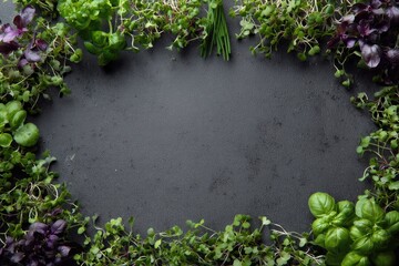 Overhead shot of vibrant microgreens and herbs forming a frame around a dark gray textured background, leaving a central empty space