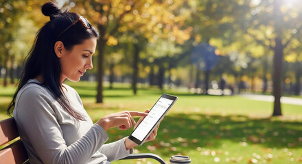 Obraz premium A young woman smiles while using a digital tablet on a park bench on a sunny day. Online Browse or shopping concept