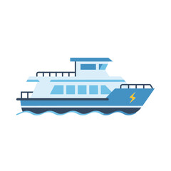 Fototapeta premium A blue and white passenger boat floats on wavy water.