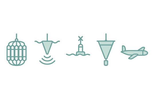 Underwater exploration tools and equipment in a minimalist design illustrating ocean mapping techniques and aircraft navigation