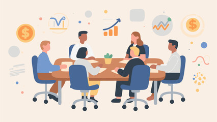 Business team meeting around conference table with financial graph icons