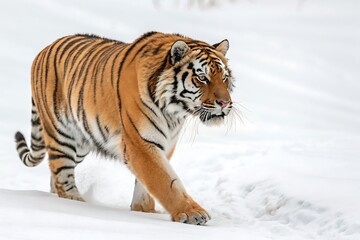 Obraz premium Majestic siberian tiger walks through fresh snow in winter landscape