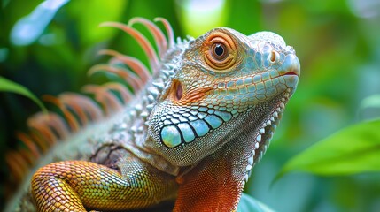 Fototapeta premium A vibrant green iguana with orange and yellow markings, perched on a leafy green background.