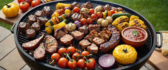 Classic Barbecue Grill with Meat and Veggies