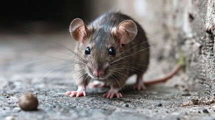 A gray rat with white whiskers and pink nose on a concrete surface with a concrete wall in the background.