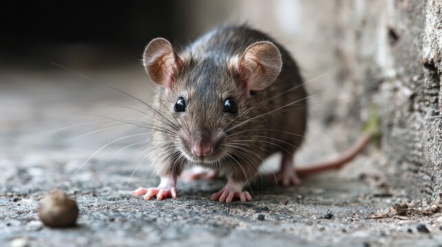 A gray rat with white whiskers and pink nose on a concrete surface with a concrete wall in the background.