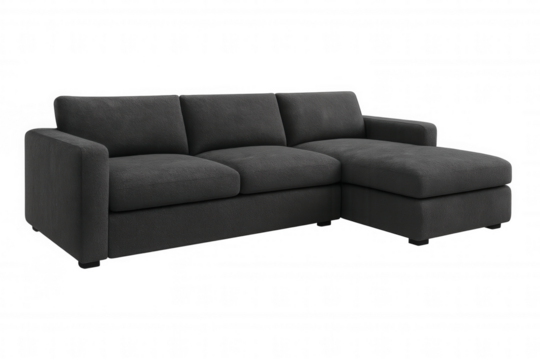 Modern grey sectional couch standing isolated against transparent background, showcasing minimalist design for interior visualization
