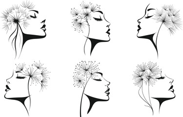 Set of elegant woman faces with closed eyes and dandelion flowers as hair in delicate black line art style on white background