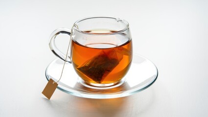 A closeup of a transparent glass cup of hot brown herbal tea with lemon, isolated on a white background