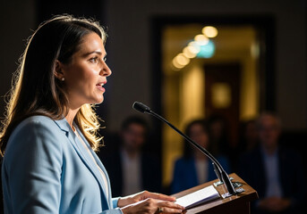 Woman giving a speech at a podium during a conference or public event