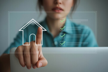 Real Estate Technology: A woman interacts with an interactive real estate interface. Exploring digital possibilities.