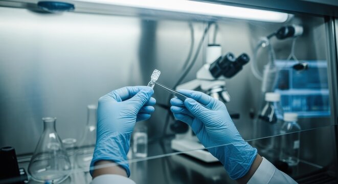 Gloved hands handling sensitive antiviral compound intermediates under a biosafety cabinet in a chemical containment laboratory.