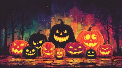 Spooky halloween mystery collection of glowing ghost pumpkins in a magical haunted forest