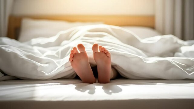 Cozy teen soles peeking from bed in morning sun