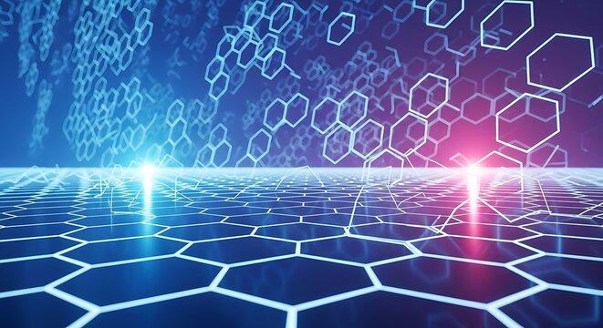 Blue and purple digital network with glowing hexagons and grid abstract background