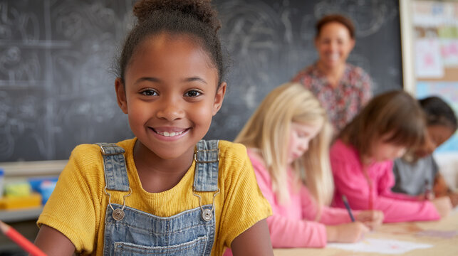 Portrait of a smiling african american girl in a classroom setting with teacher