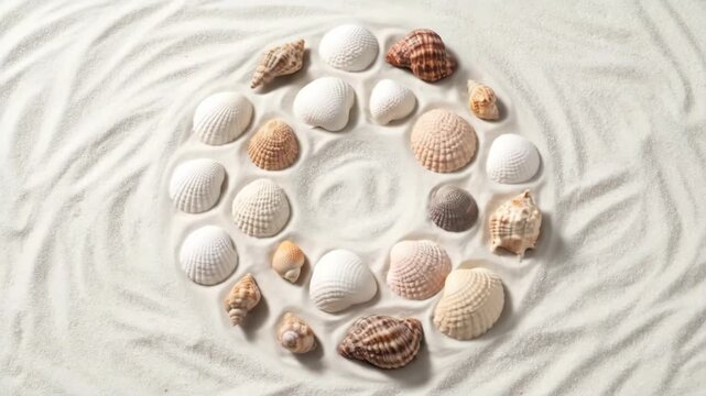 Seashells Circle on White Sand Beach - An overhead shot showcases various seashells arranged in a circular pattern on pristine white sand.