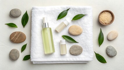 Natural skincare products and spa stones arranged on a white towel