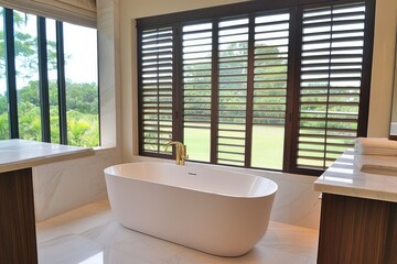 Luxurious modern bathroom featuring a freestanding oval bathtub, marble countertops, dark wood cabinetry, and large plantation shutters overlooking a verdant landscape