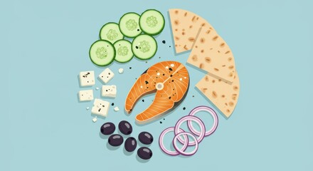 Naklejka premium Colorful Mediterranean diet illustration featuring salmon olives feta cucumber pita bread and onion for vibrant nutrition and wellness