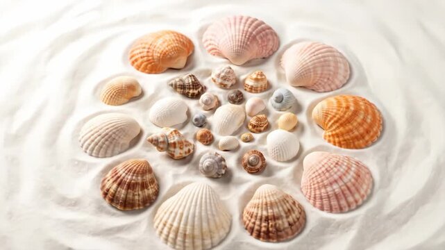 Seashells Arranged in Circle on White Sand - An overhead shot captures a circular arrangement of various seashells on pristine white sand.