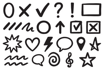 Bold black hand drawn icon library for design projects