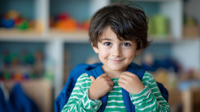 Smiling young boy with backpack and striped shirt in a classroom setting - Powered by Adobe