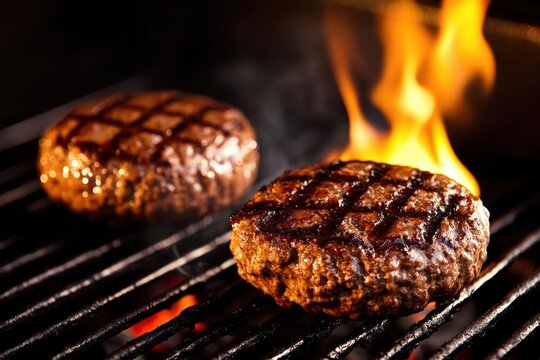 Delicious Beef and Pork Barbecue Burgers Grilled on Flames in BBQ Image eef or meat for hamburger
