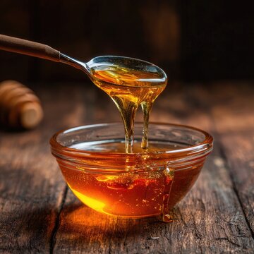Golden honey pours from a spoon into a clear glass bowl sitting on a rustic wooden surface, with a blurred honeycomb in the background