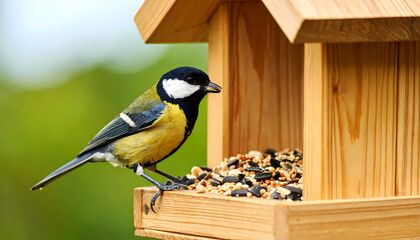 Titmouse eating from wooden bird feeder